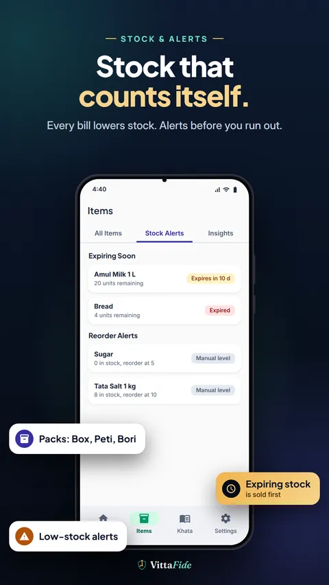 Stock Alerts tab listing expiring items and reorder alerts